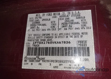 1997 Ford F-150 Lariat/Standard/Xl/Xlt from USA, damaged, VIN 1FTDX1760VKA67836